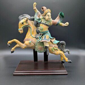 Antique Chinese Polychrome Glazed Imperial Tile: Warrior/Deity Riding a Horse